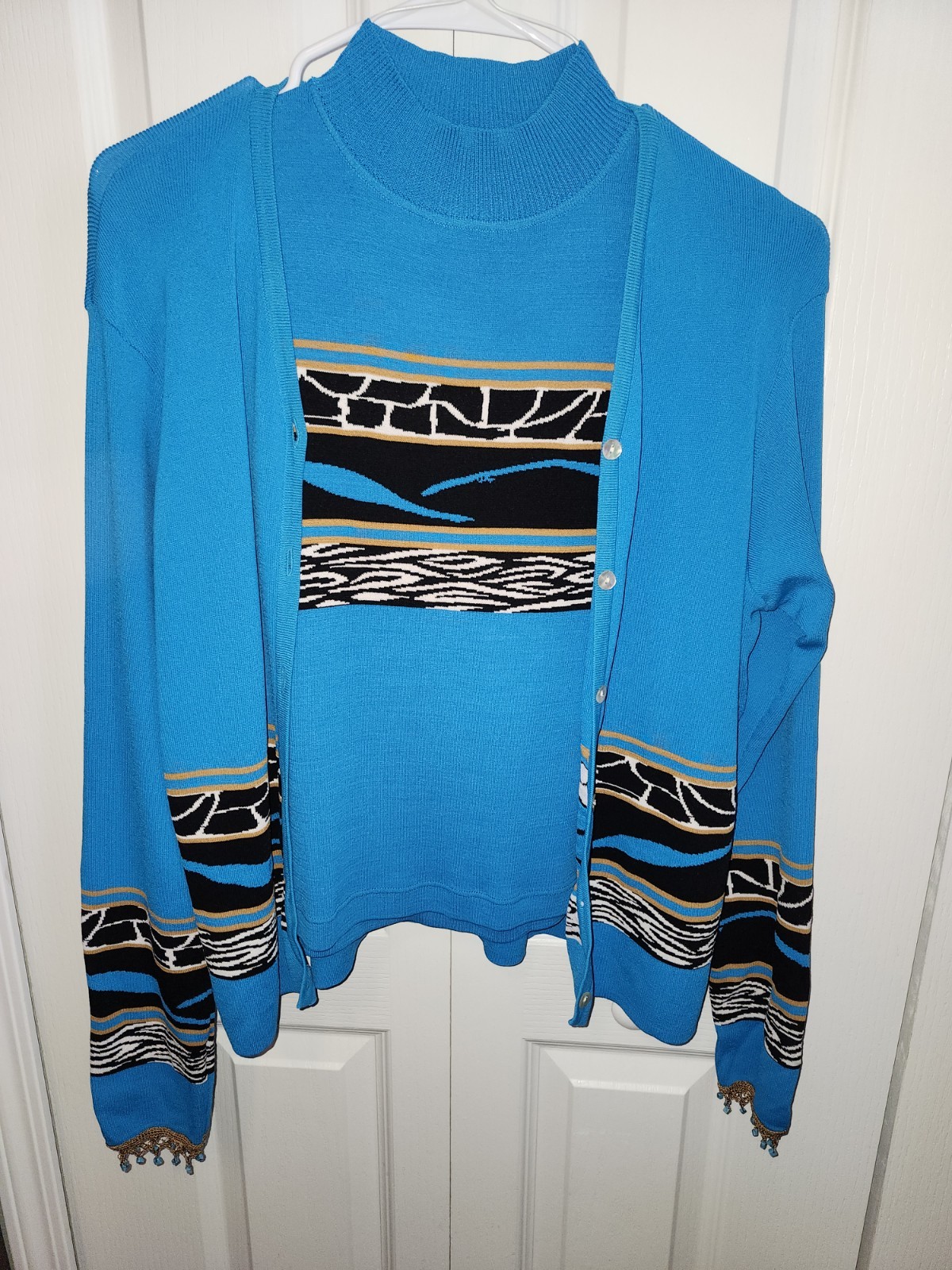 VINTAGE ALI MILES SWEATER & VEST ZEBRA PRINT SZ S&M TEAL