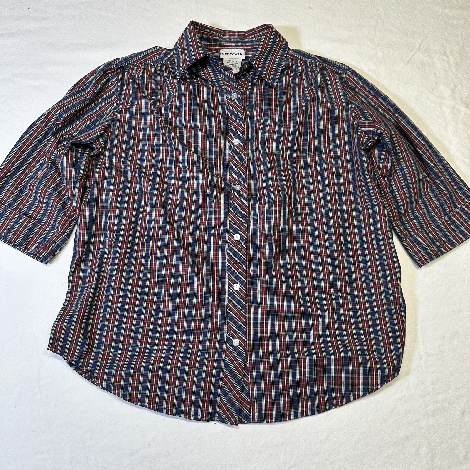 VTG 80s BonWorth Women’s Plaid Button-Up Shirt XS 3/4 Sleeve Collared Top