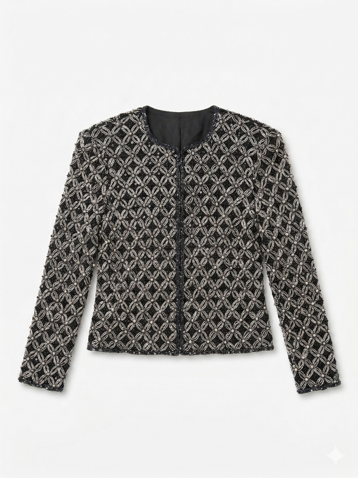 Vintage Beaded Evening Jacket Black Silver Silk Papell Boutique 60s Real Silk