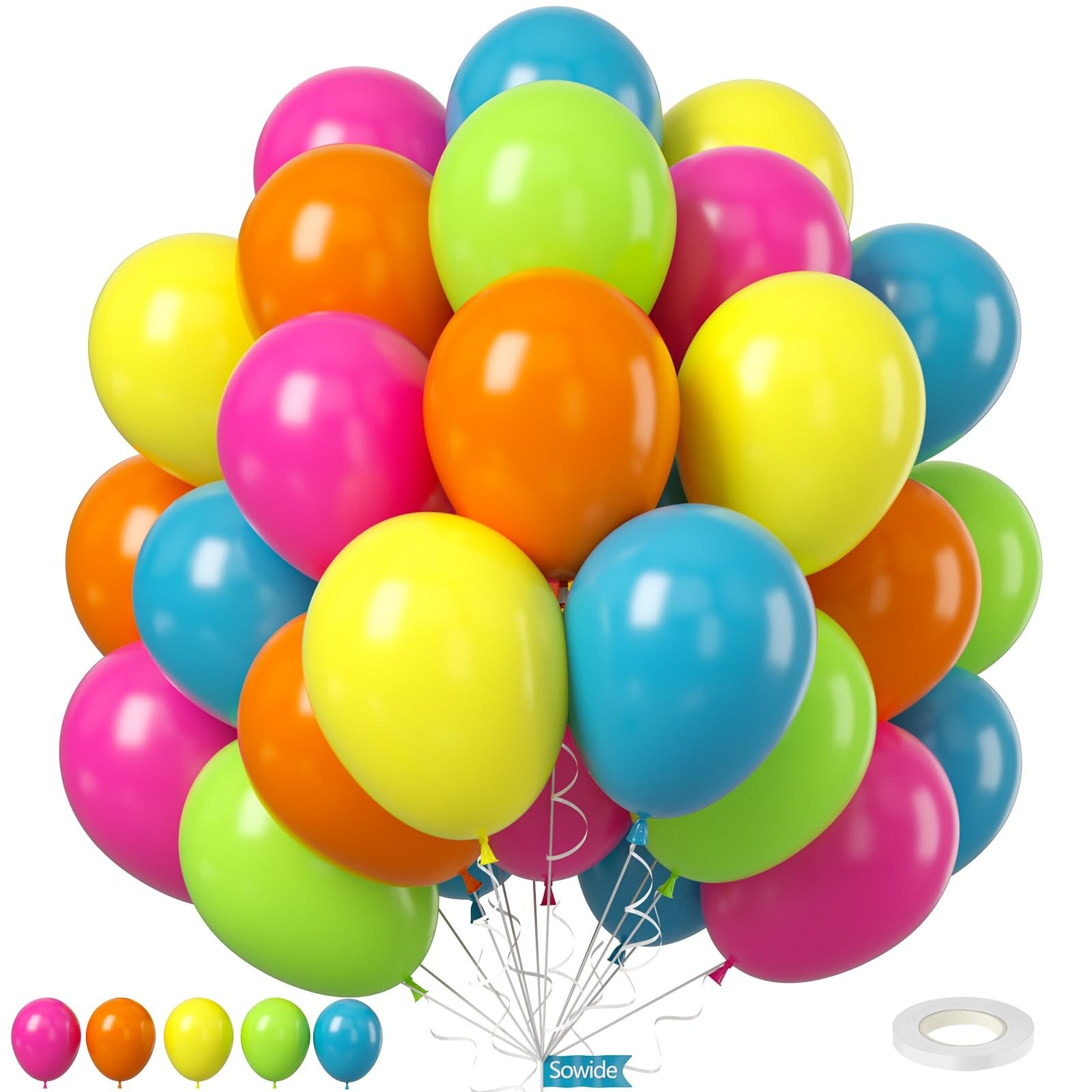 Rainbow Balloons, 50Pcs 12 Inches Yellow Orange Hot Pink Lime Green Neon Ball…