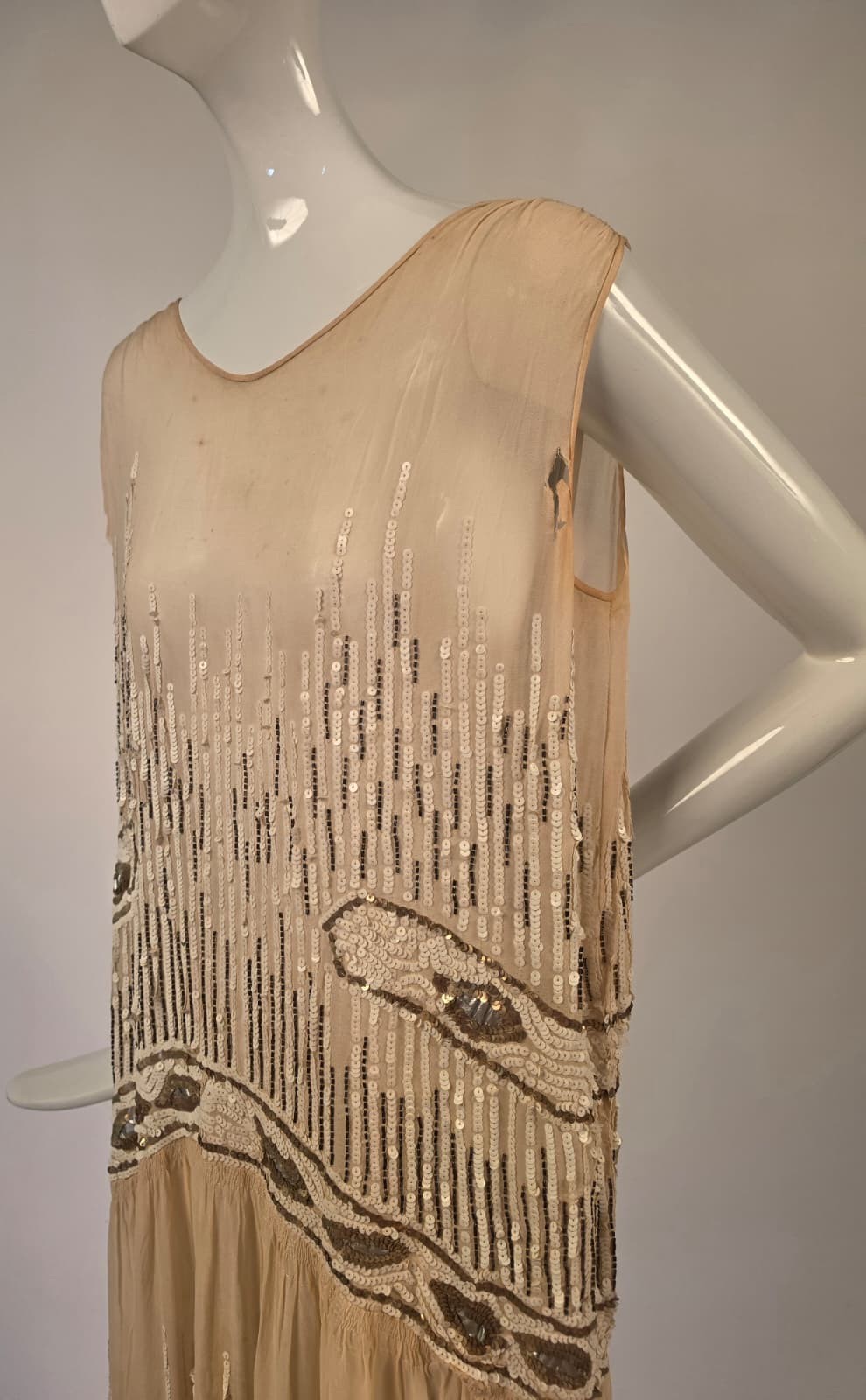FRENCH COUTURE FLAPPER 1920’S SILK CHIFFON DRESS W SEQUINS + BEADS + SILVER LAME