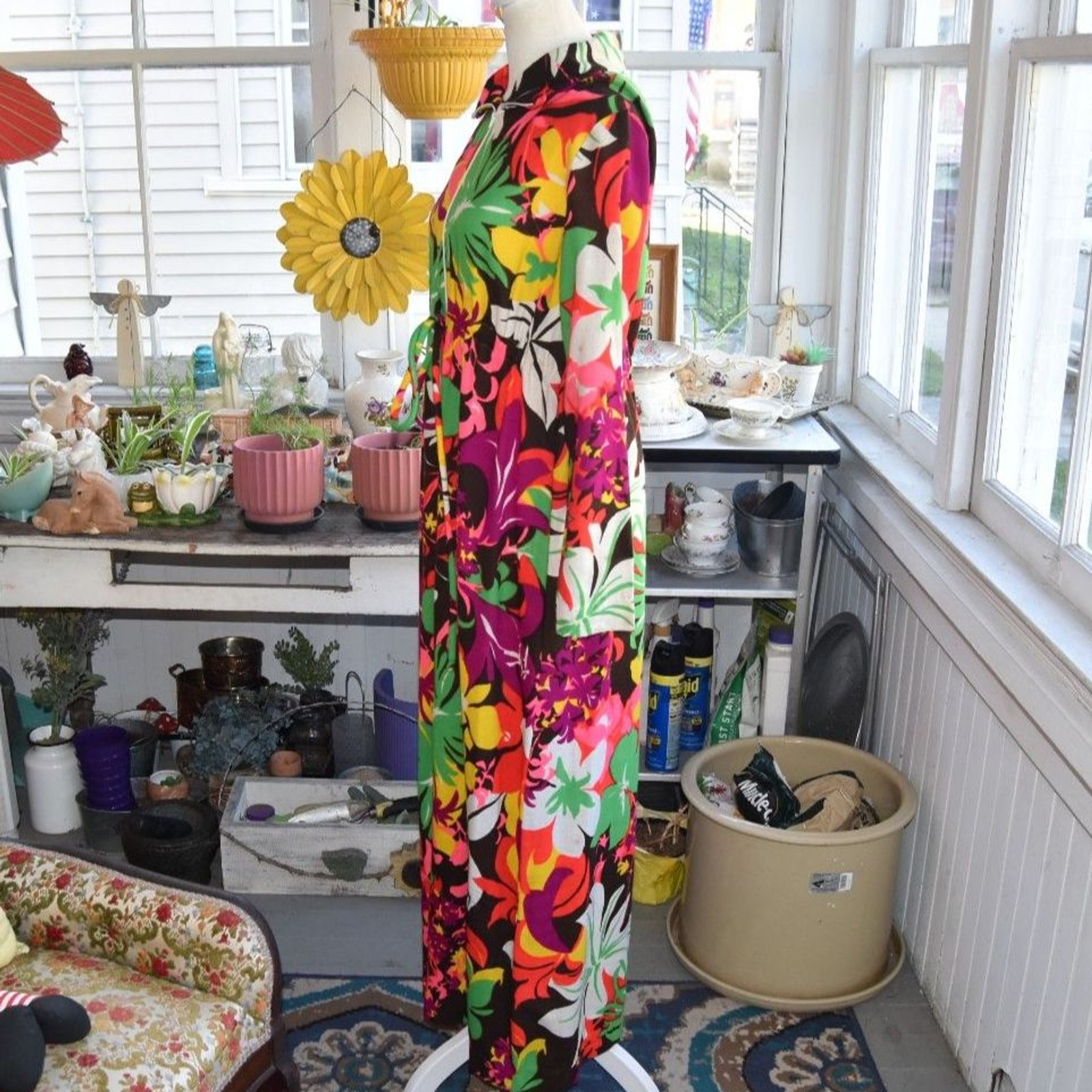 Vintage 70s Lounges Hawaiian Floral Maxi Dress Zip Front Drawstring USA Medium
