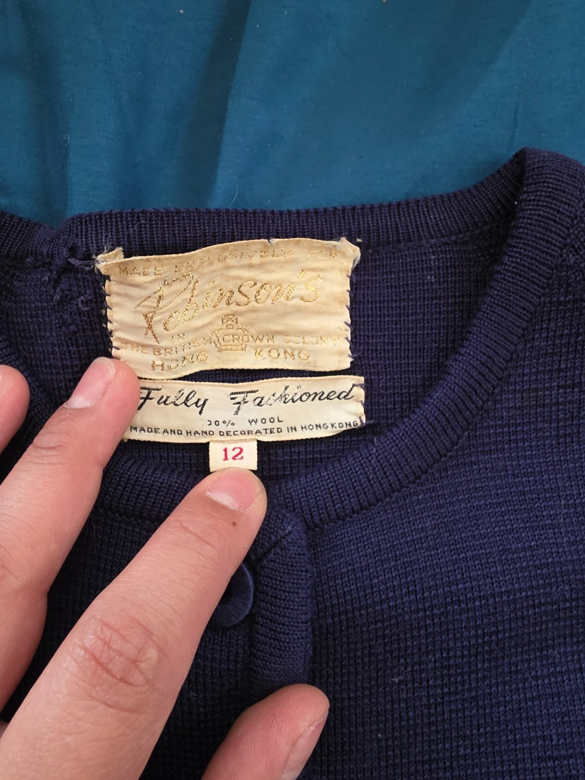 Vintage Robson&rsquo;s Beaded Wool Cardigan Bamboo Sweater Hong Kong Blue Size 12