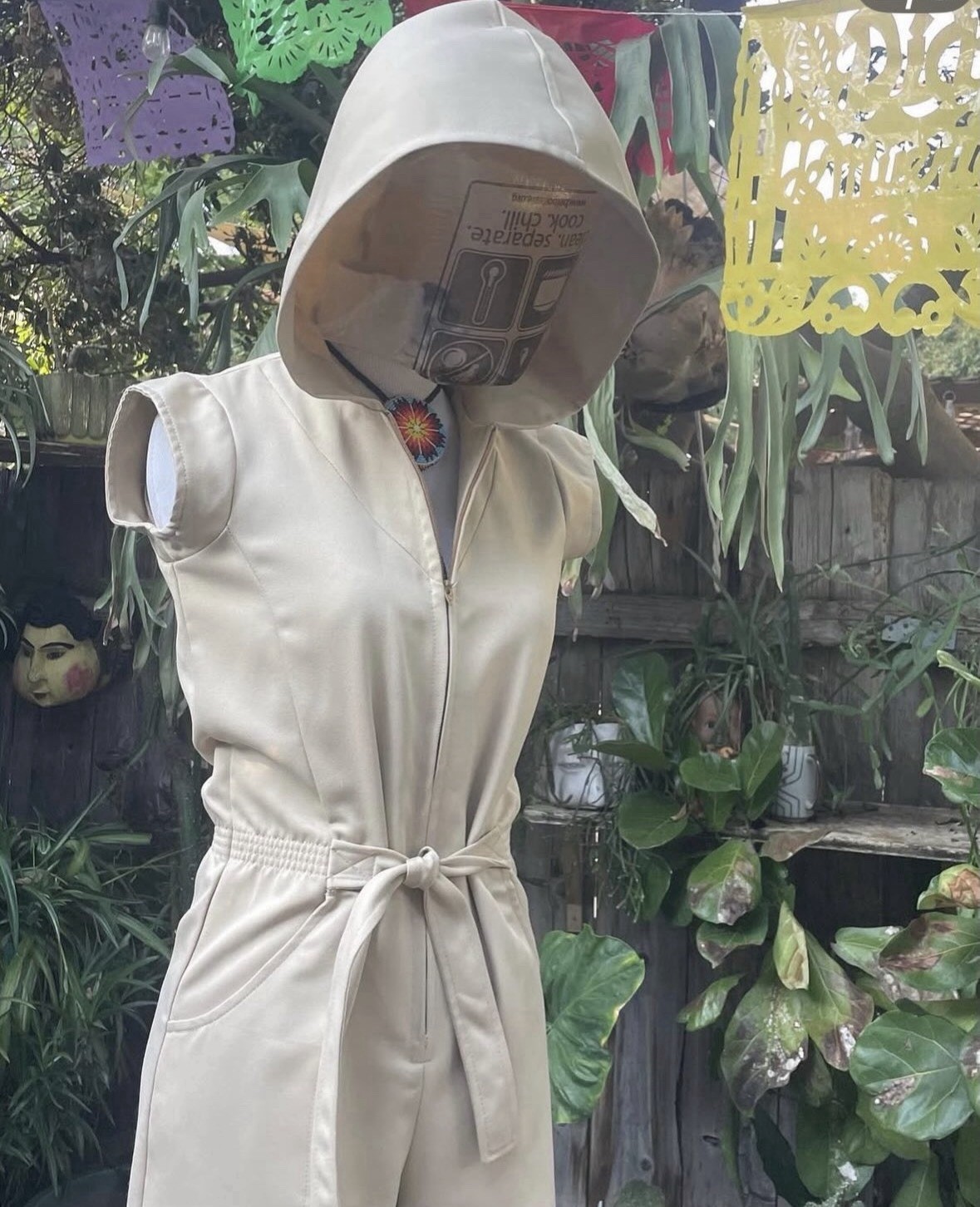 Vintage 1970s Hippie Beige Hooded Jumpsuit Sz XS/S