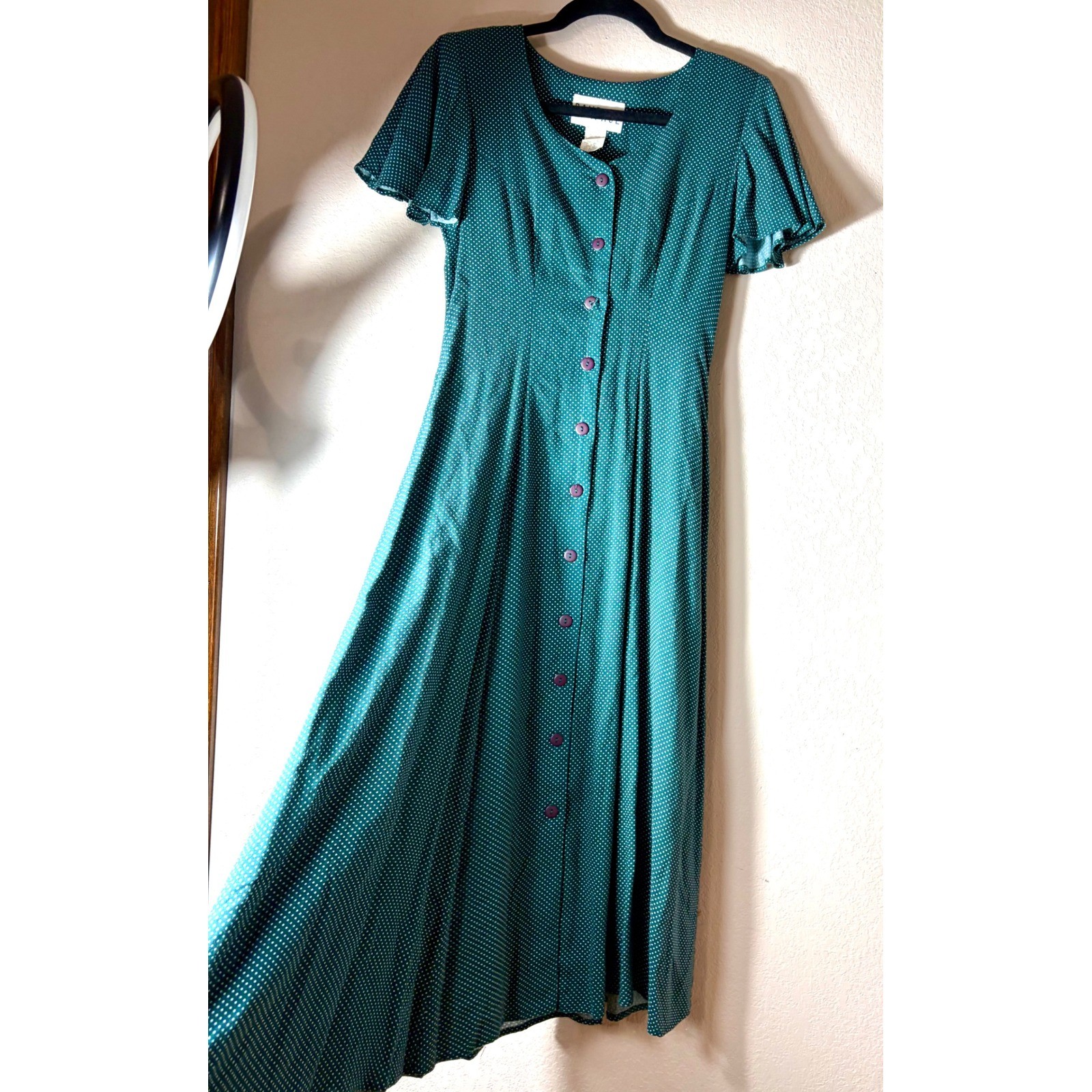 Vintage Rampage Teal Polka Dot Button Front Midi Dress Corsett Back 90s Size 3