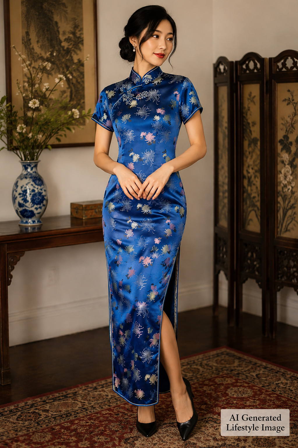 Vintage Peony Brand Shanghai China Blue Qipao Cheongsam Dress Rayon