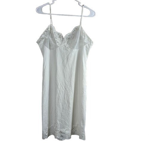 VTG 70s Hollywood Vassarette Ivory Lace Trim Full Slip Dress 36 (M)