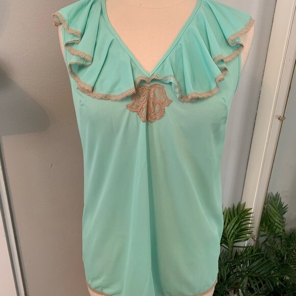 Vintage Cottagecore Ruffle Cami Nightie Top Mint S blouse Whimsycore Soft Girl
