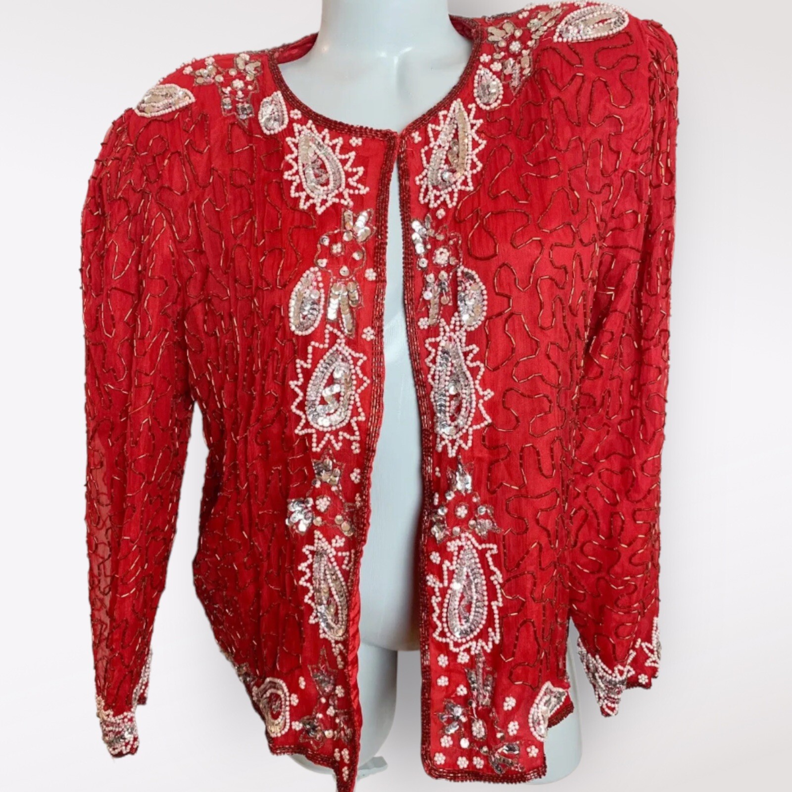 Vintage 90s Sequin SILK Beaded Paisley￼ Red Size Large L Womens Party Cocktail