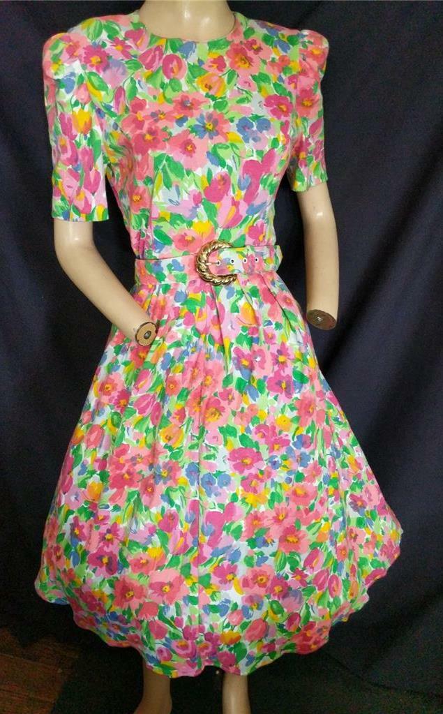 1980&rsquo;s VINTAGE FLORAL COTTON BLEND FULL JESSICA HOWARD SPRING DRESS-36&Prime; BUST-USA