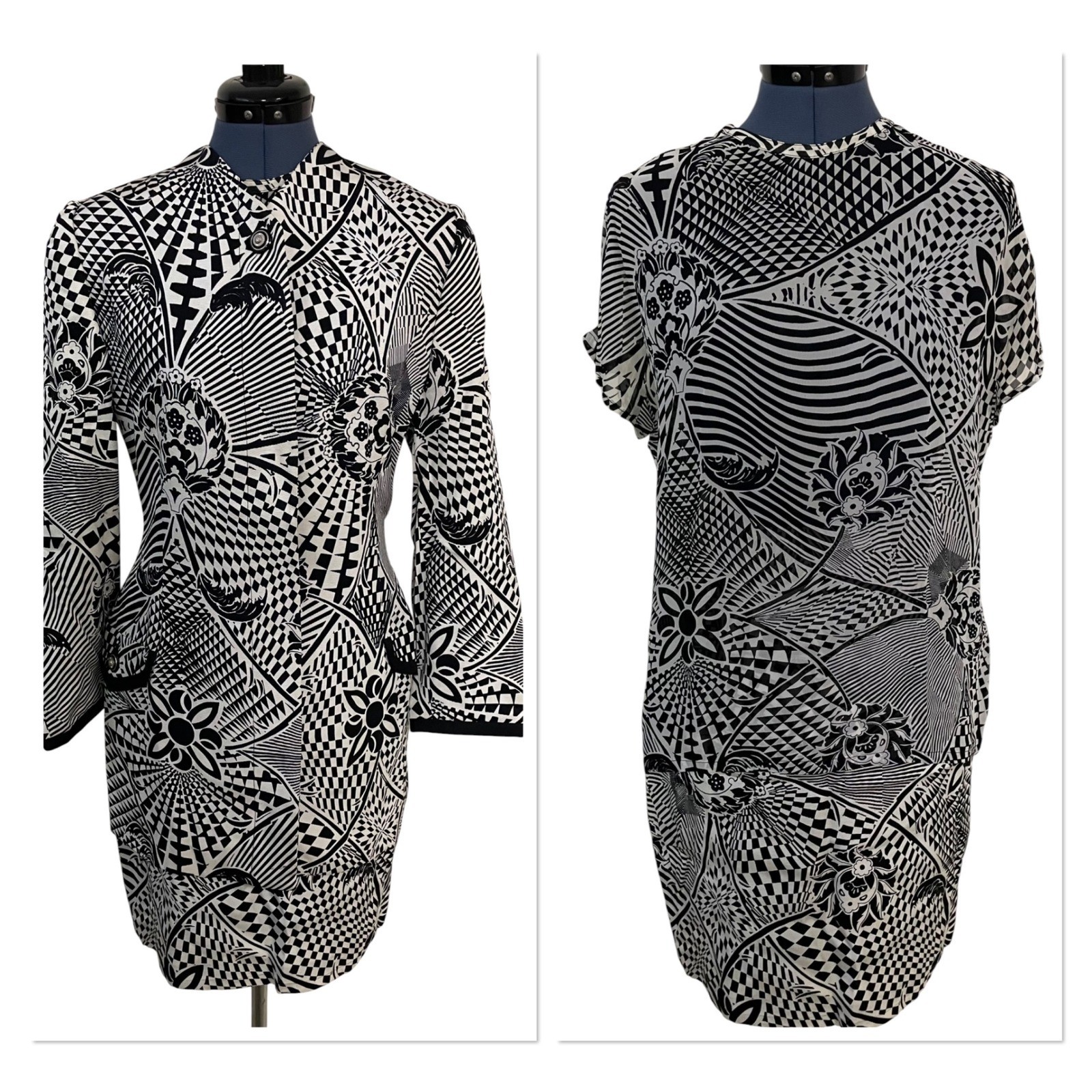 Vtg Versus Gianni Versace Womens 3 Pc Set Blazer Top Skirt Op Art 90s 30/32