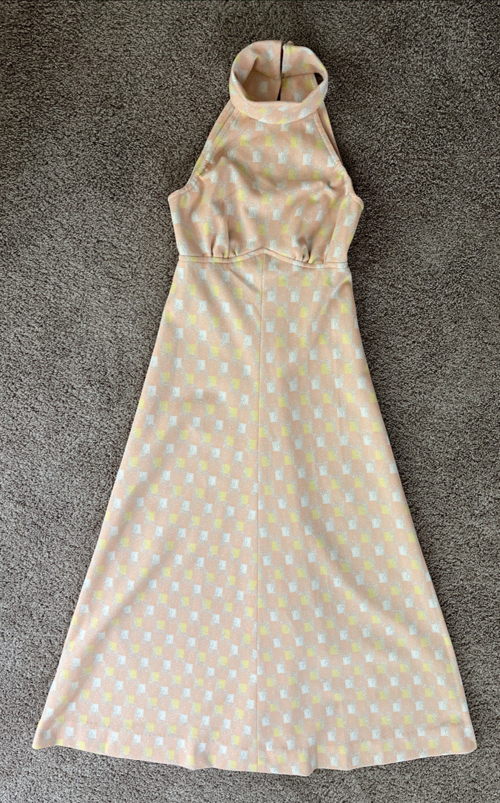 Vtg 70&rsquo;s Double Knit Peach Metallic Empire Waist Halter Maxi Dress-30&Prime; Chest