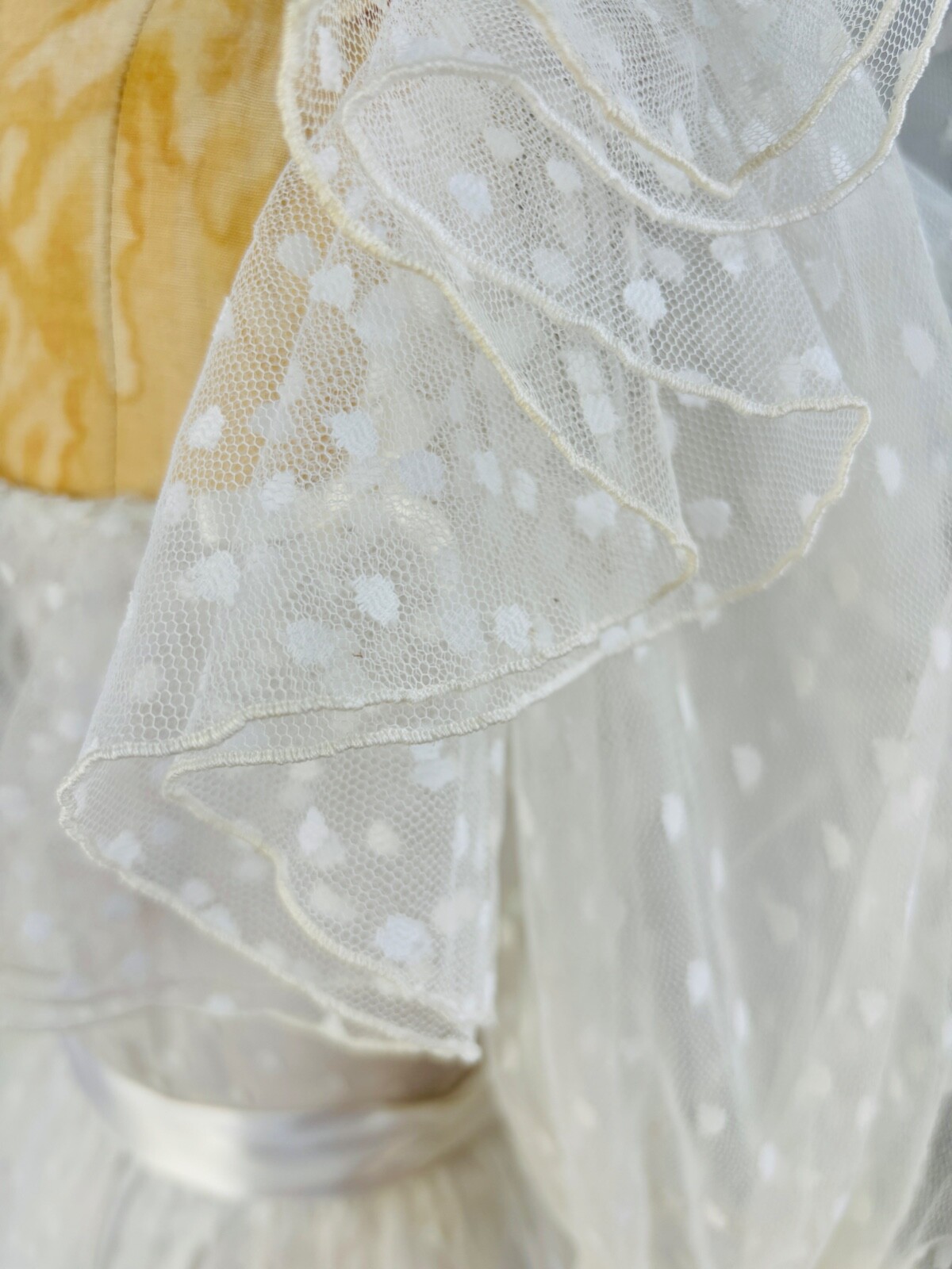 VTG 80s WHITE POLKA DOT TULLE RUFFLE BOW COQUETTE WHITE GOWN PRINCESS DRESS*XS/S