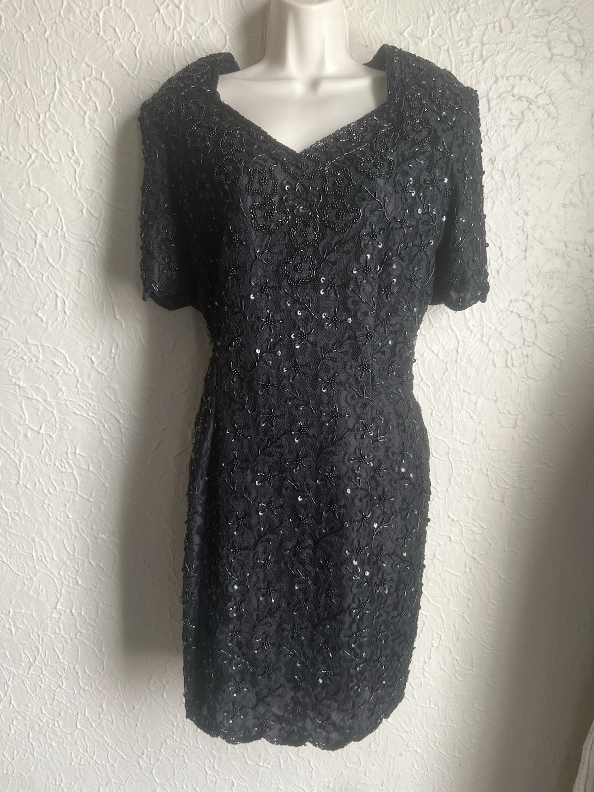 Vintage Stenay Black Fully Beaded Sequin formal dress Mother Of Bride Short XL