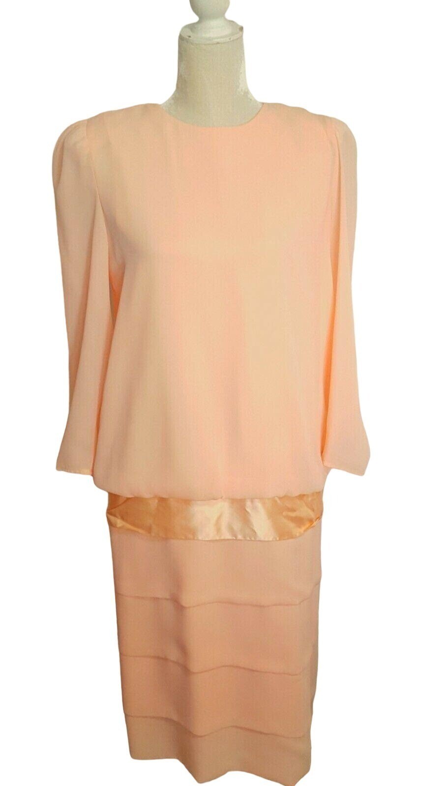 Vintage 80s Dress S Long Sleeve Dropped Waist Tiered Skirt Peach Chiffon Midi