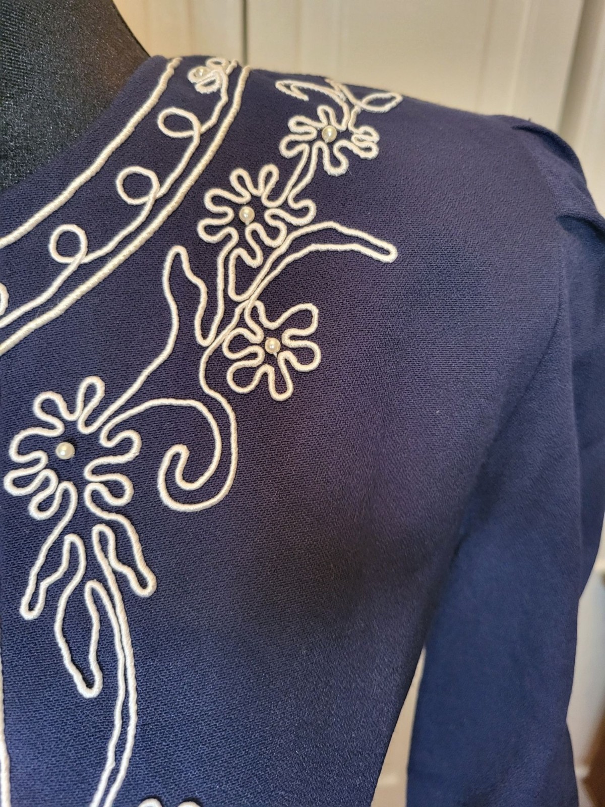 Karin Stevens Vintage 90s Does 40&rsquo;s Navy Blouse Embroidered Beaded 14 Nautical