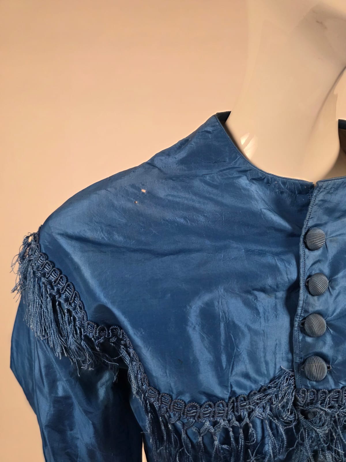 CIVIL WAR 1860’S BRIGHT BLUE SILK BODICE W SILK FRINGE TRIM