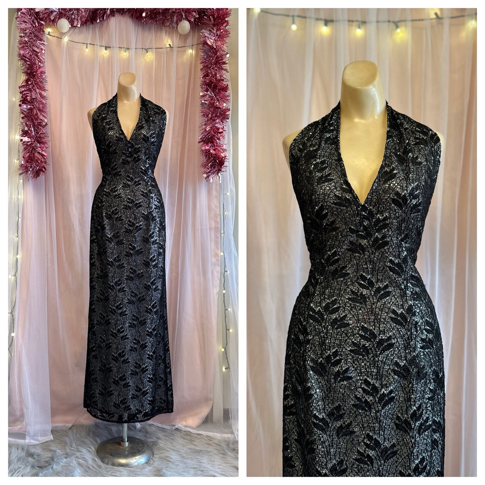 Vintage 90s Y2K Black Silver Shimmer Maxi Dress Formal Prom Evening Halter M