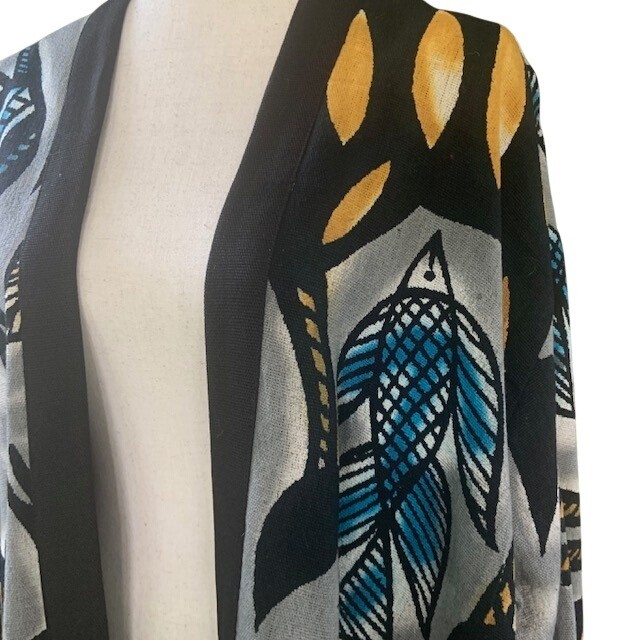 Vintage Oversized Bird Print Open Front Jacket L Coatigan Art to Wear Maximalist