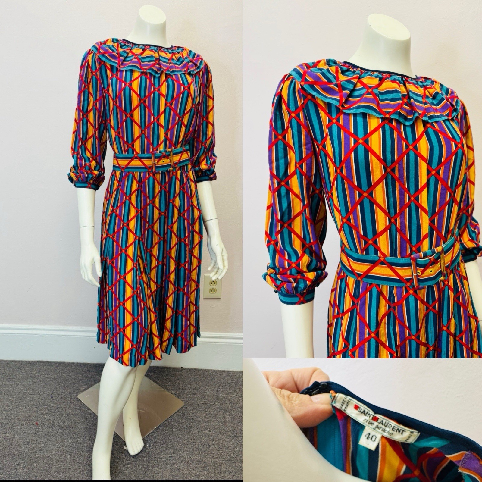 VTG 1970&rsquo;s Saint Laurent Rive Gauche silk Day dress Multi Plaid Diamond Print 40