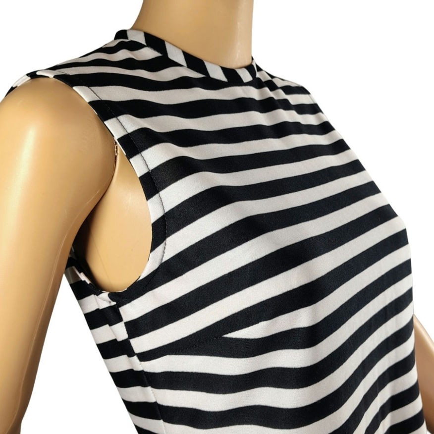 1960s Mod Black White Horizontal Striped Sleeveless High Neck Zip Up Top Size Sm
