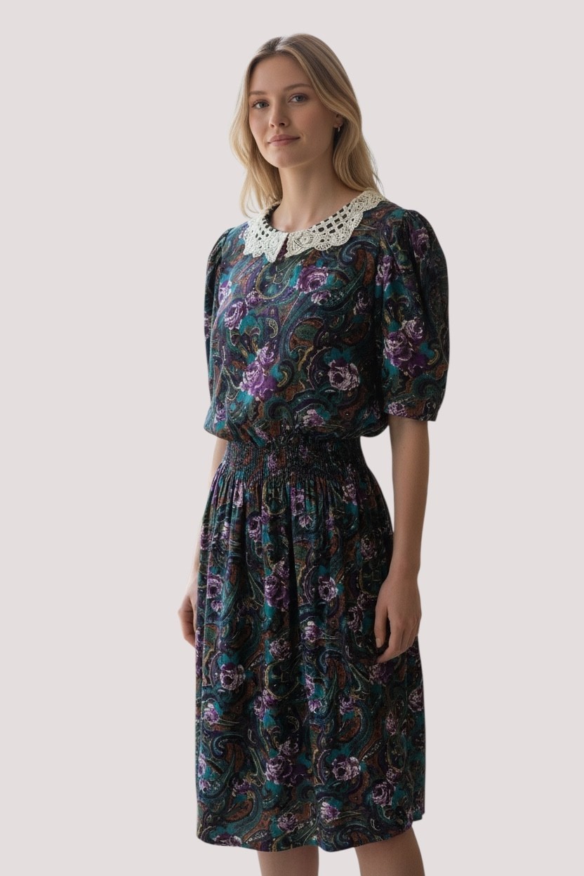 Stuart Alan Petites Size 8 Dark Vintage Floral Dress Cottagecore Lace Collar