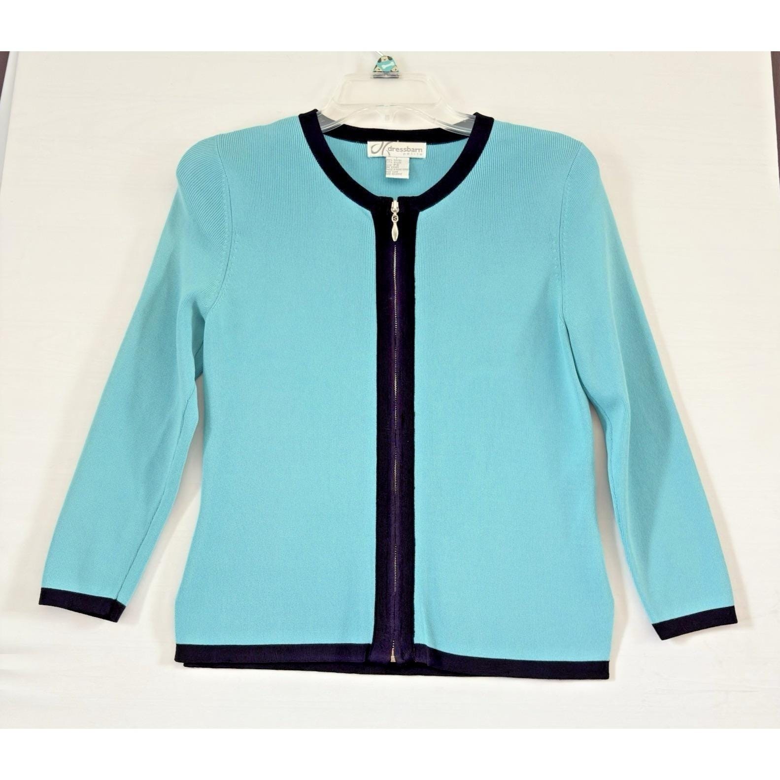 Dress Barn Vintage Teal Blue/Black Zip Up Rayon Nylon Sweater Set Pet Small