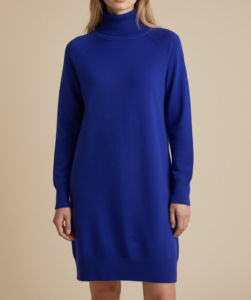 Benetton Wool Sweater Dress Womens M Turtleneck Vintage 90s Cobalt Blue Italy