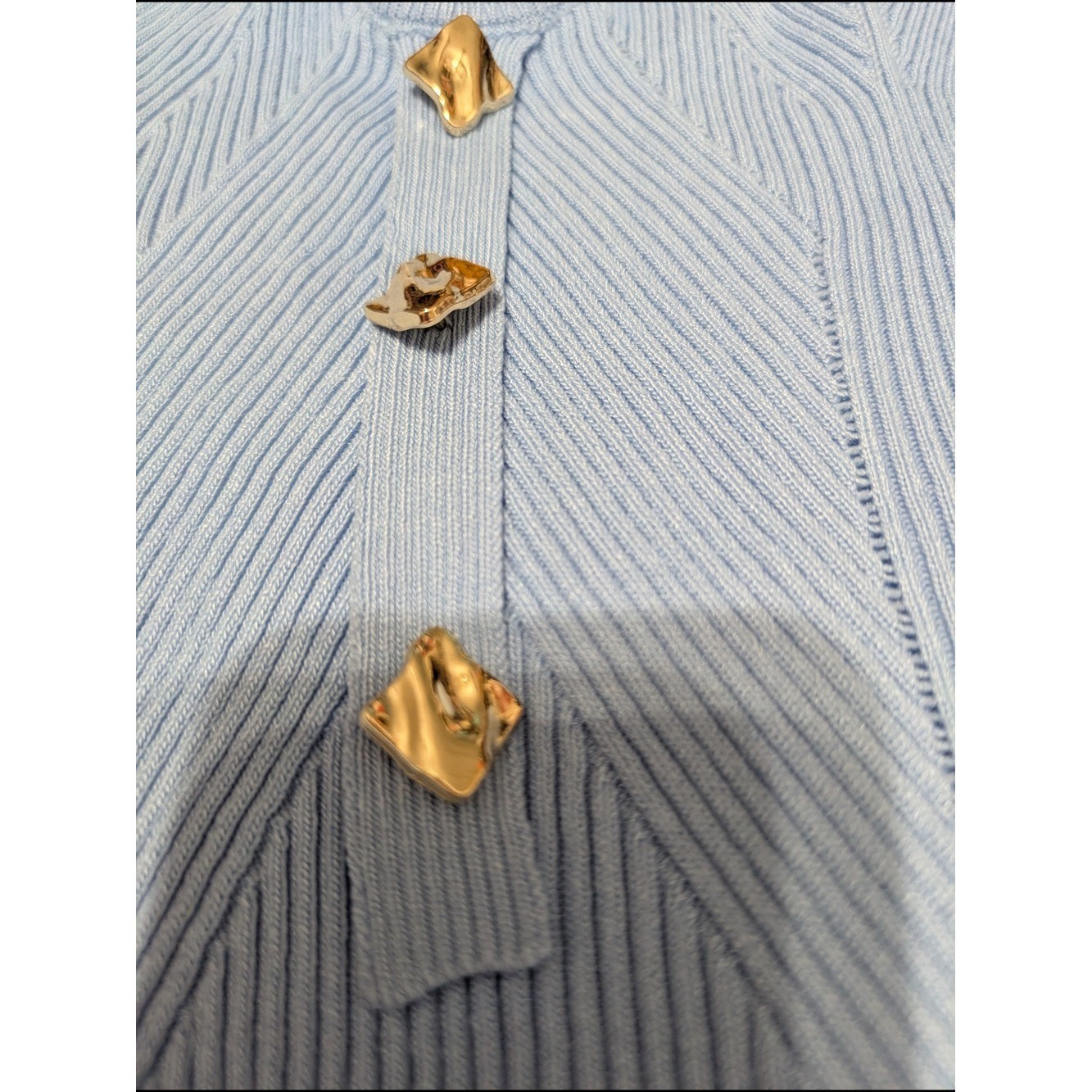Light Blue Ribbed Knit Cami with Gold Accent Buttons Old Money Business Casual