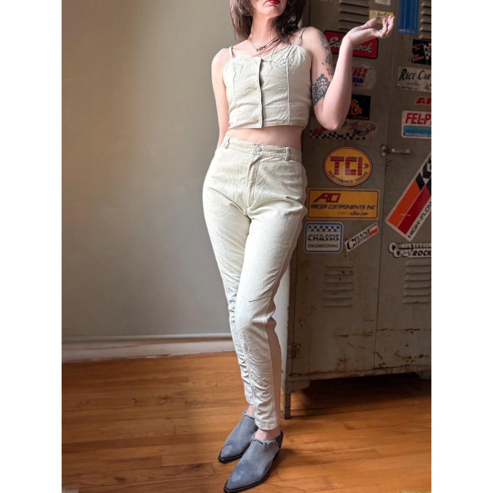 Vintage 90s Leather 2 Piece Set | Corset Crop Top + High Waist Pants | Cream | M