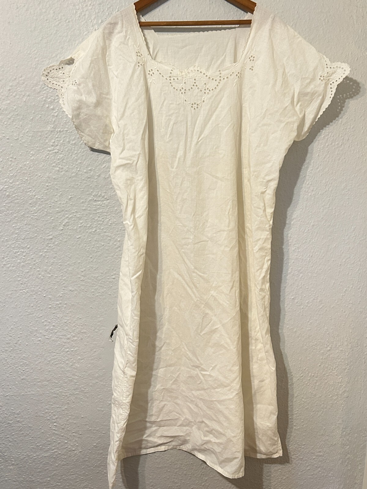 Antique Edwardian White Cotton & Eyelet Lace Nightgown Mini Dress Vtg XL Volup H