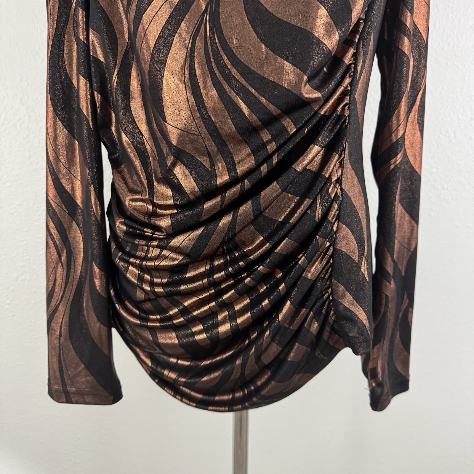 BALI Vintage 90s Brown Metallic Copper Swirl Ruched Stretchy Long Sleeve Top