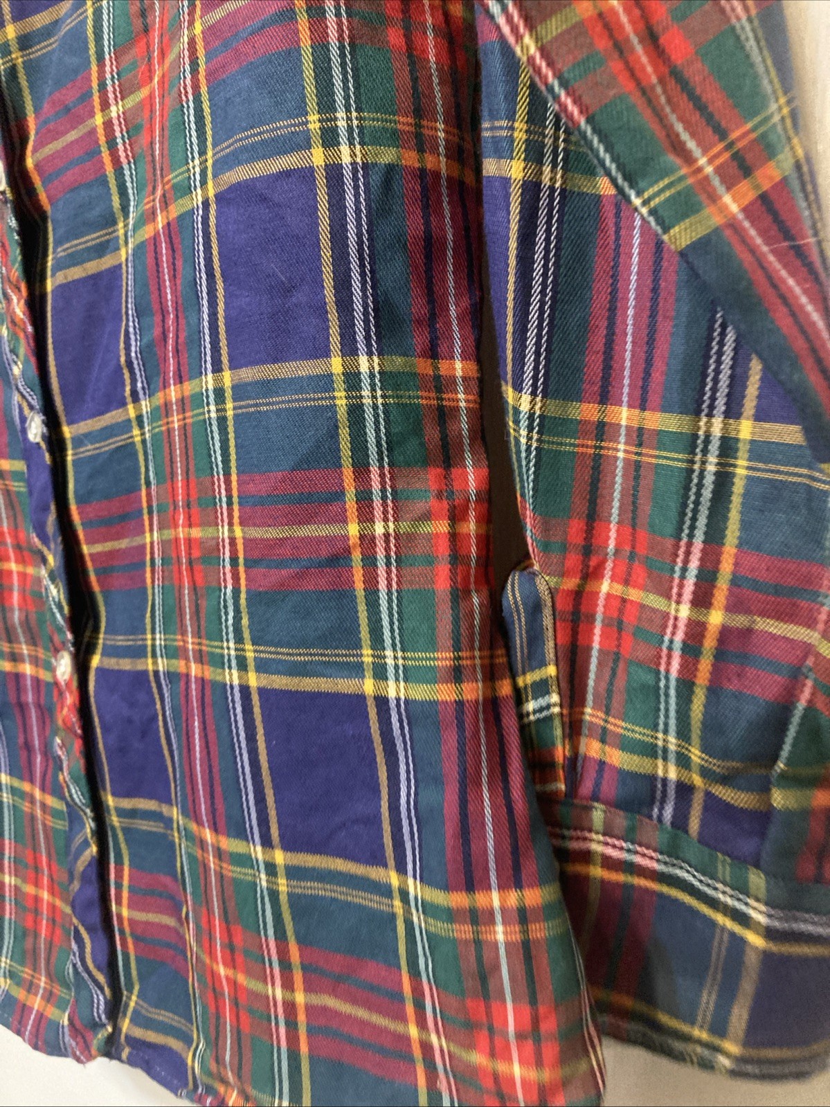 Vintage plaid 100% cotton button-down red navy green yellow white women’s 11/12