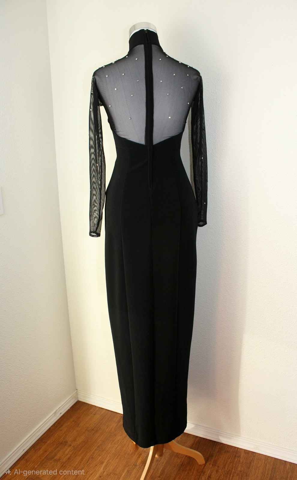 Goth VTG Y2K TADASHI For CACHE Maxi Dress S Black Knit Mesh Rhinestones Fairy *