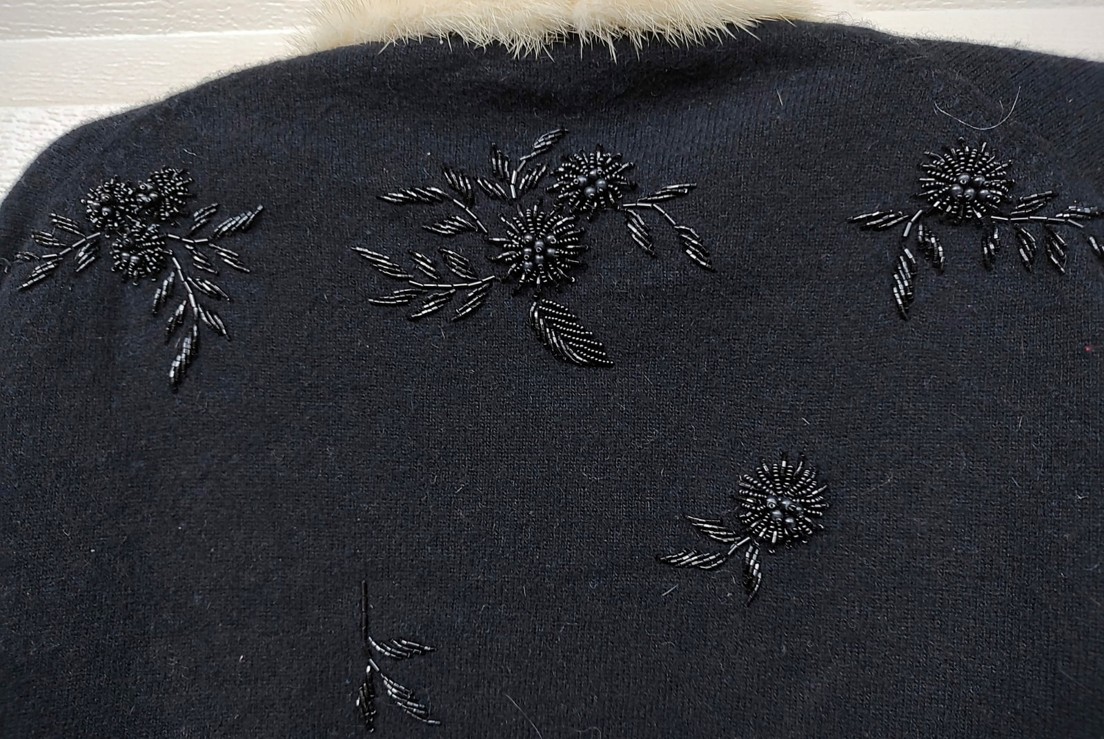 Vintage Black Wool Beaded Cardigan w/ Real Mink Fur Collar –Lined- Hong Kong