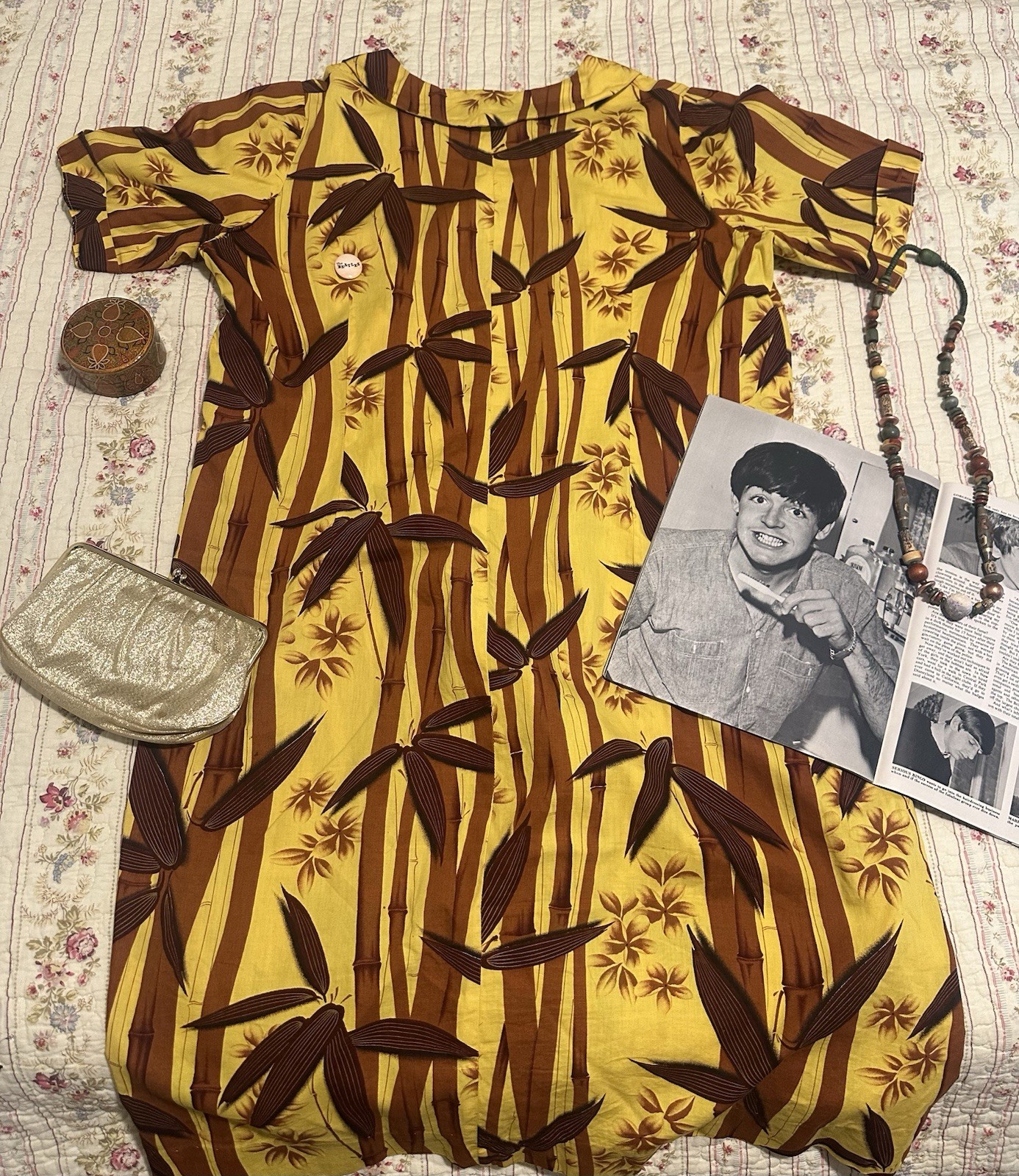 True Vintage 70s Hawaiian Muumuu Dress L XL Yellow Brown Bamboo Tropical Floral