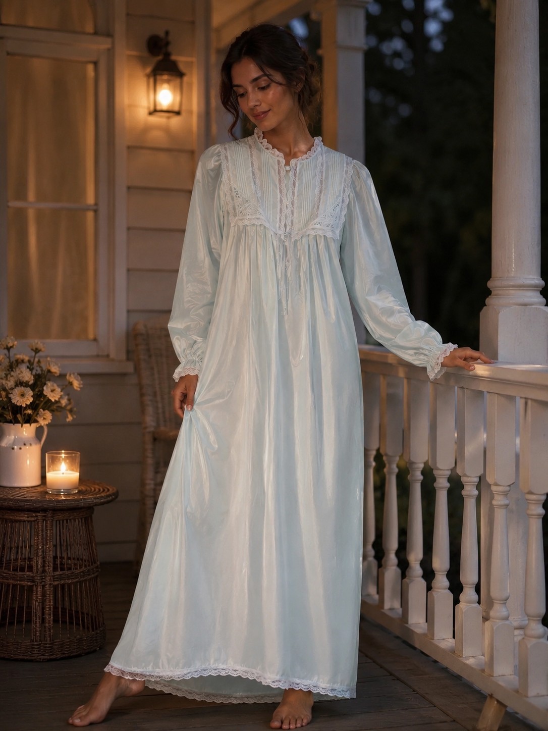 Vintage Pinehurst Maxi Nightgown Satin Long Sleeve Lace Trim Ice Blue Size Small