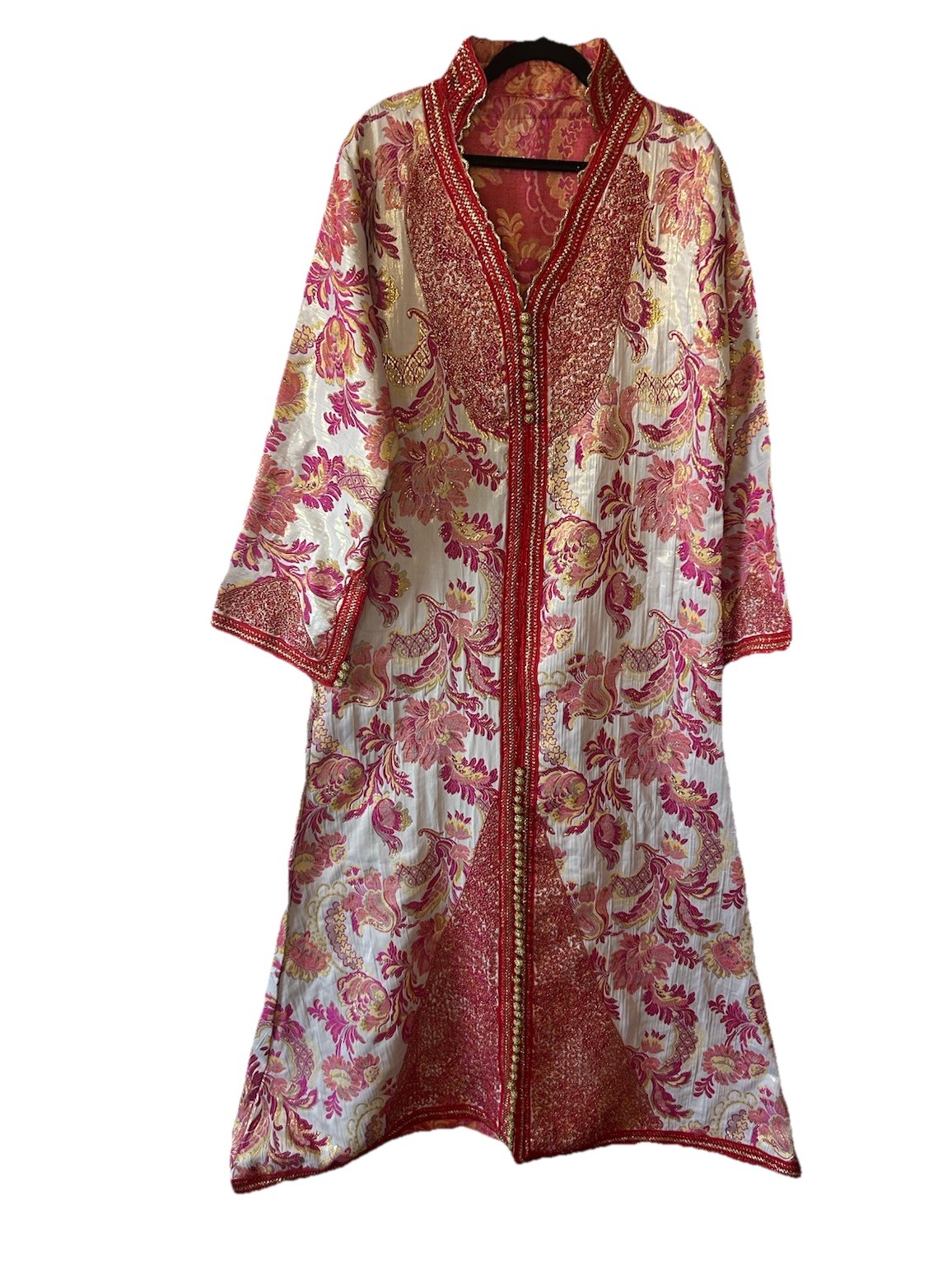 Vintage 1970’s Moroccan Brocade Kaftan Maxi Dress Pink Gold Embroidered L/XL
