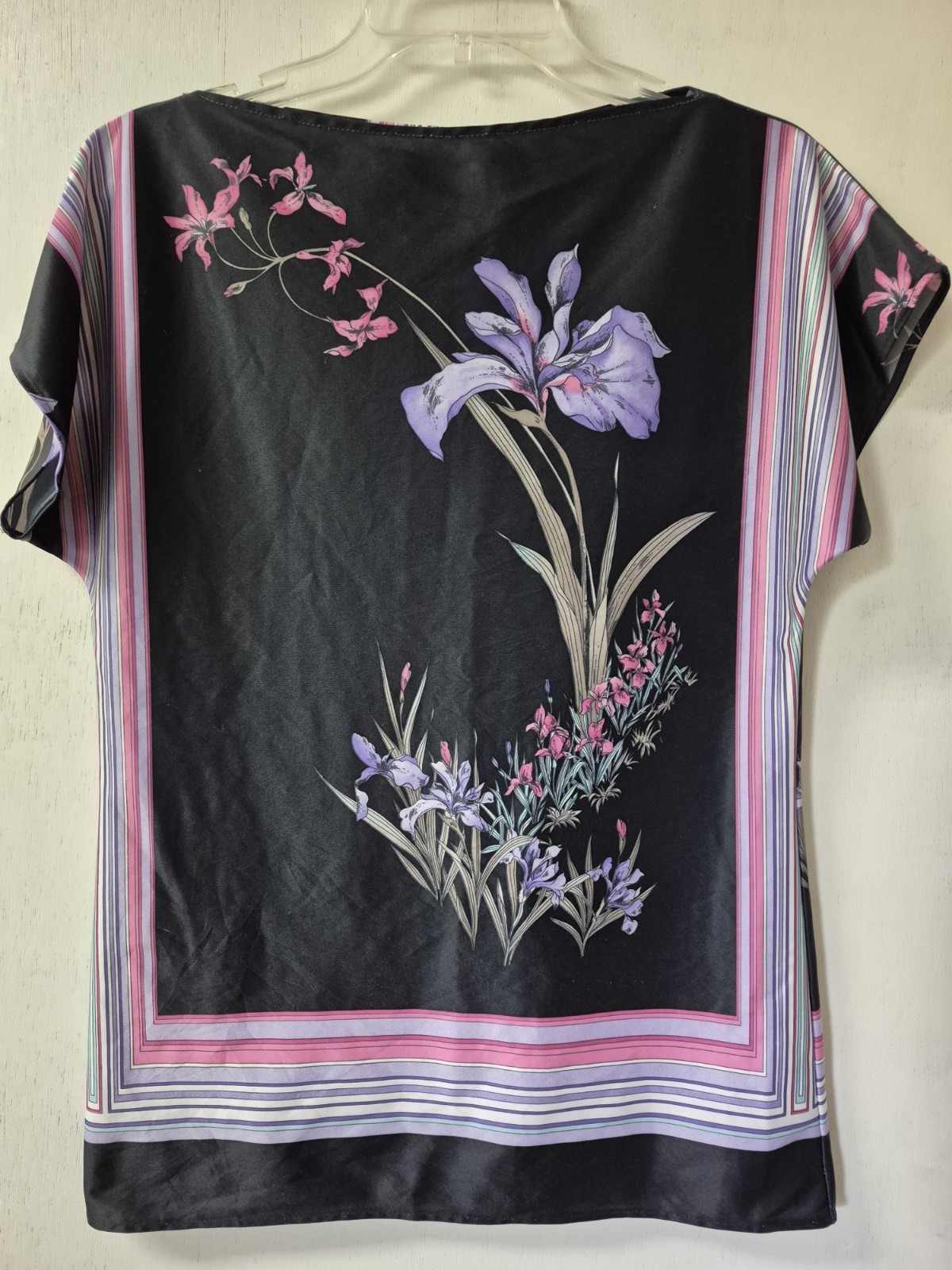 Vintage 70&rsquo;s 80&rsquo;s Black Jersey Silk Painterly Orchid Pinstripe Borders Size S