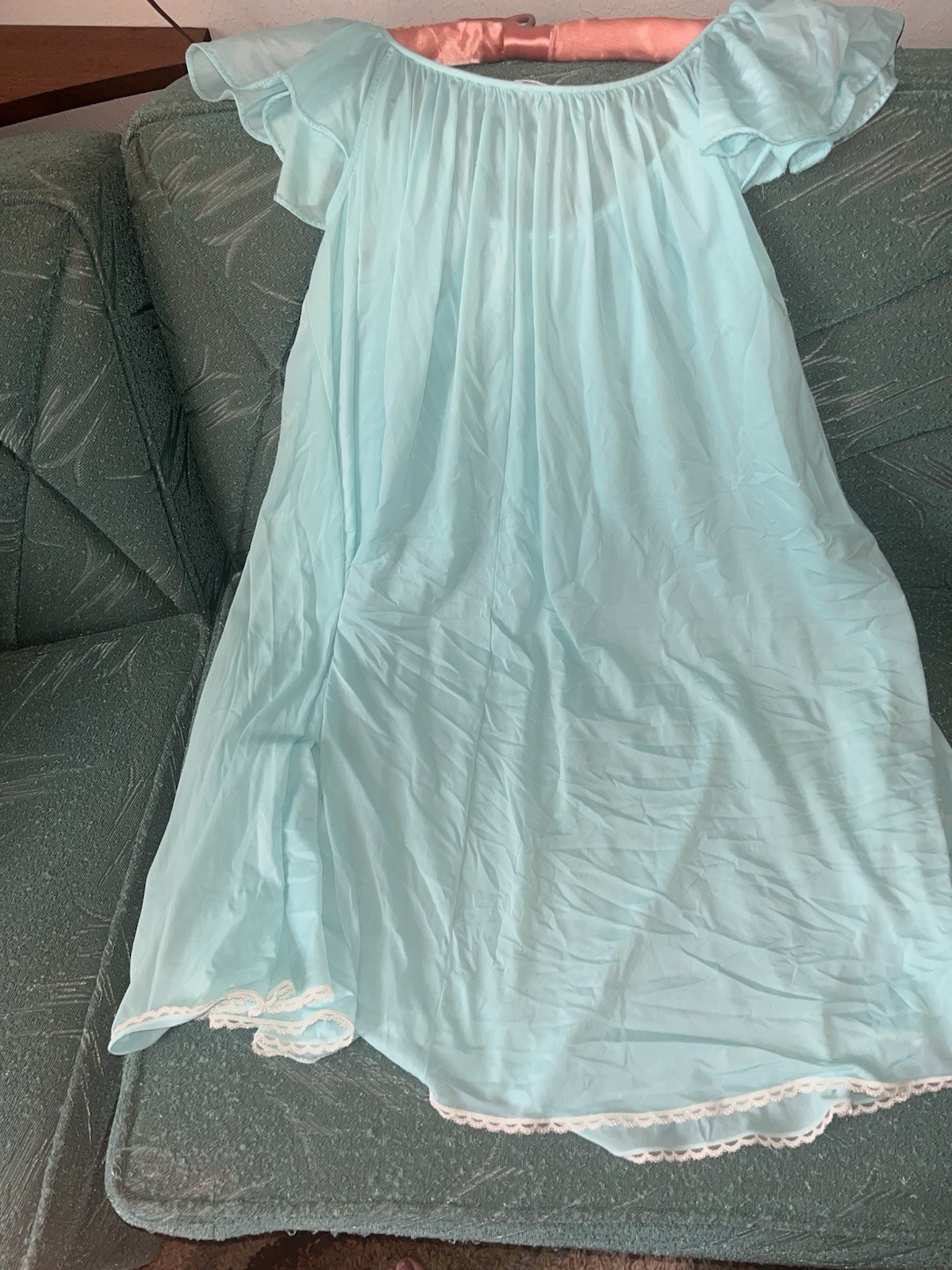 Vtg Miss Elaine Aqua Blue Nightgown Small Flutter Sleeve Babydoll White Lace