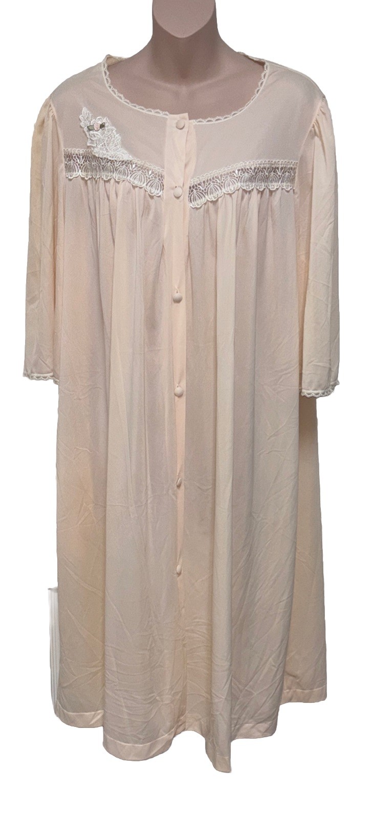 VTG LORRAINE LIGHT PEACH BUTTON FRONT SHEER NYLON NIGHTGOWN ROBE USA 1X LACE