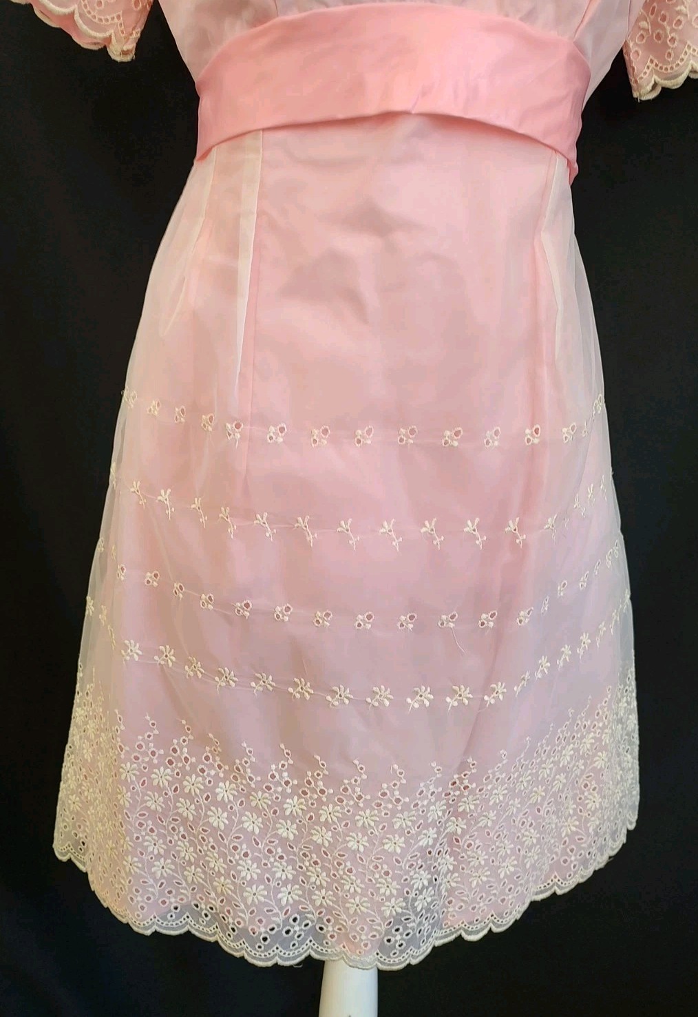 60&rsquo;s Vintage Pink Dress Eyelet Organza Taffeta Coquette Girly Short Sleeve XS/S