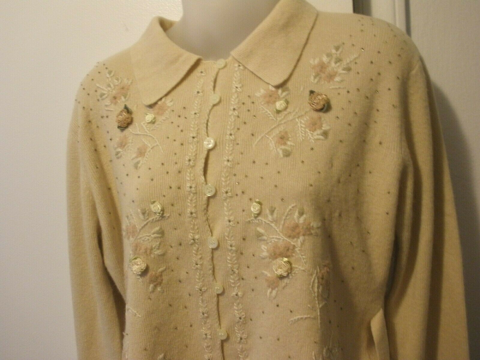 Vtg BALLINGER-GOLD Embroidery Beige Cardigan Cashmere Blend Sweater Sz M~ MINT