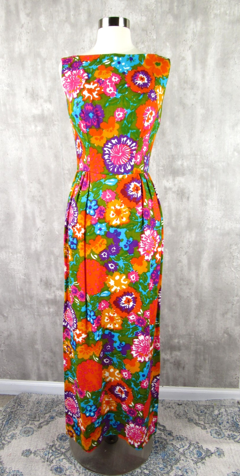 Vintage 60s 70s Hawaiian Floral Formal Maxi Gown Dress MINT Orange Green Small