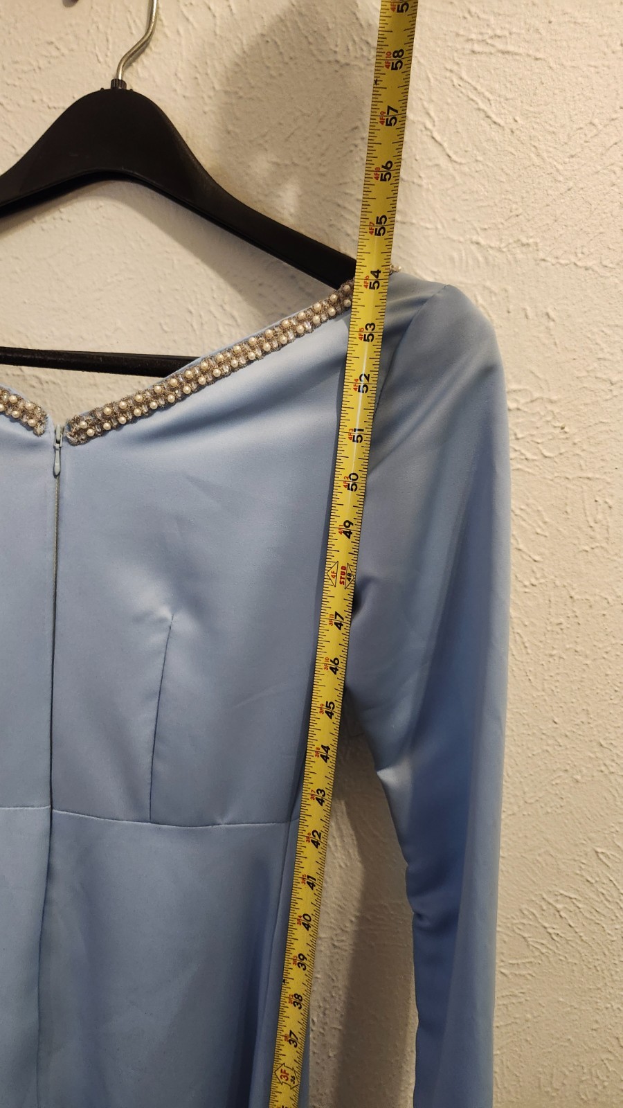 Vintage Evening Custom Dress Size Medium Light Blue Bell Sleeves Pearl Accent