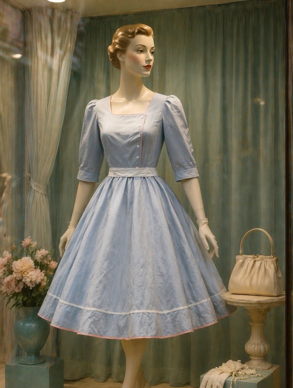 Vintage Cottagecore Dress Trad Wife Swing Dress Powder Blue Pink Trim 1950s