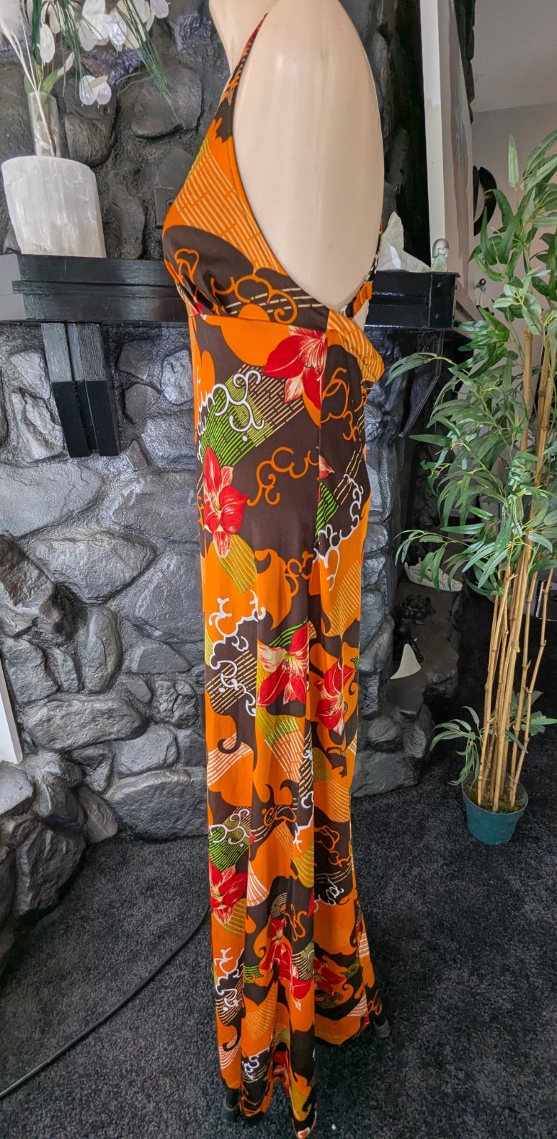 Vintage 1970s Jonathan Logan Halter Maxi Dress Hawaiian Floral Poly Knit Size XS