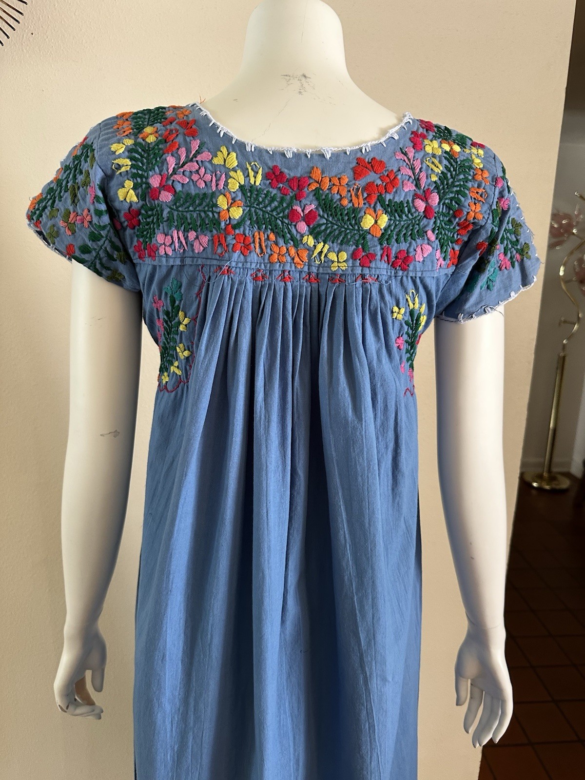 1970s Blue Cotton Oaxacan Mexican Huipil Dress Embroidered Floral Maxi Sz S VTG