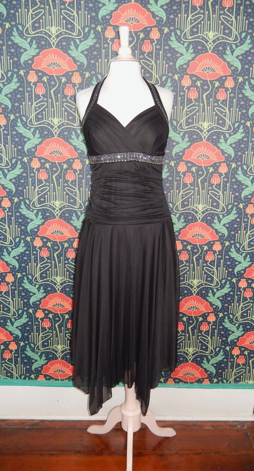 Vintage Y2K Black Whimsigoth Pointy Hem Halter Party Cocktail Dress Trixxi