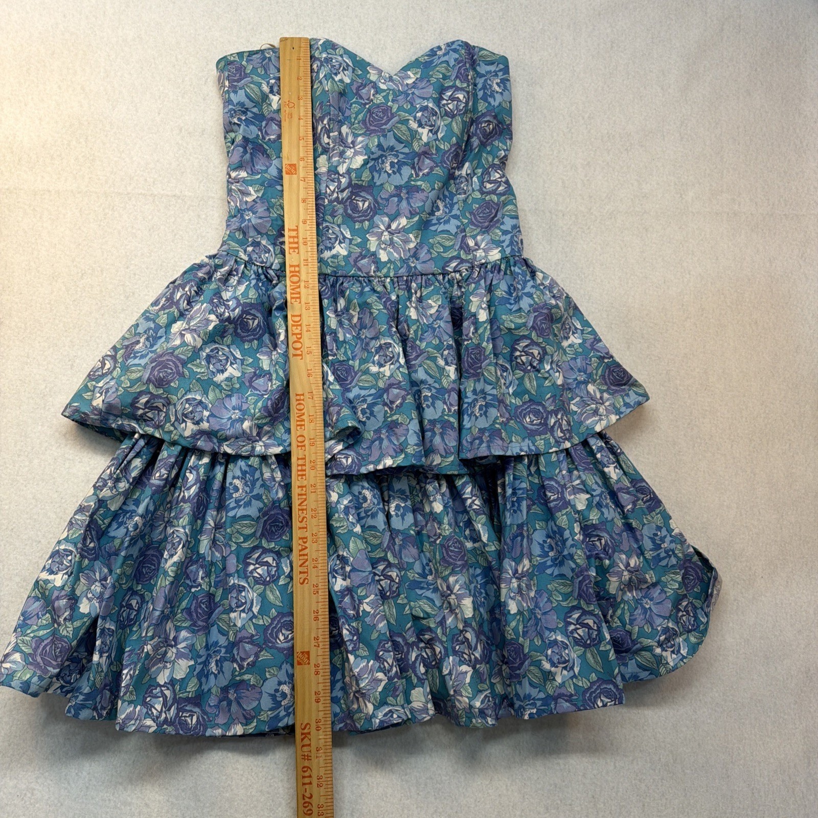 Vtg Laura Ashley Dress Medium Strapless Ruffle Tiers 90s Floral Blue Cottagecore